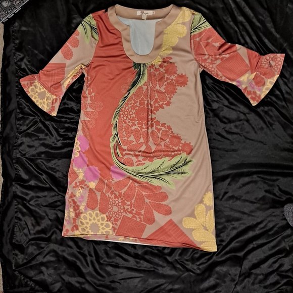 Retro-modern 60s 70s Multicolored Yellow Orange Tan Dress - Picture 1 of 4